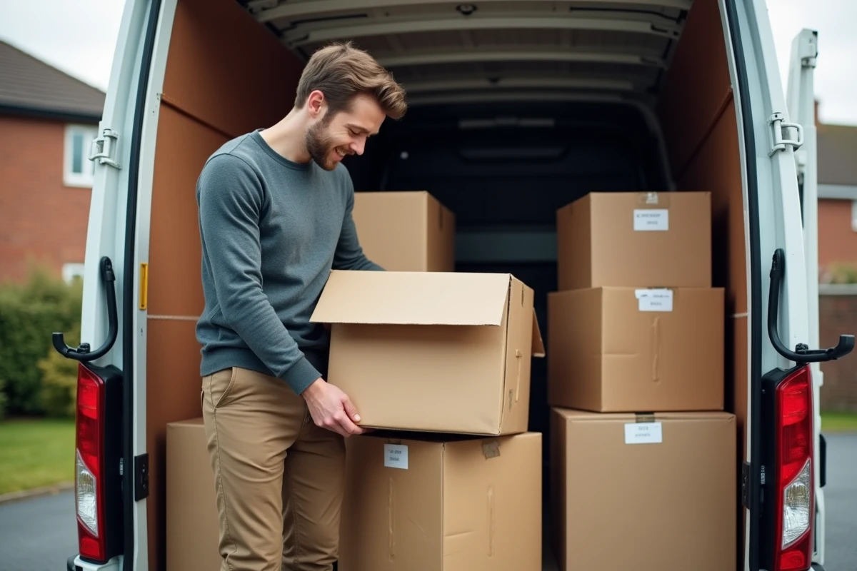 Jeune homme empilant des cartons dans une camionnette