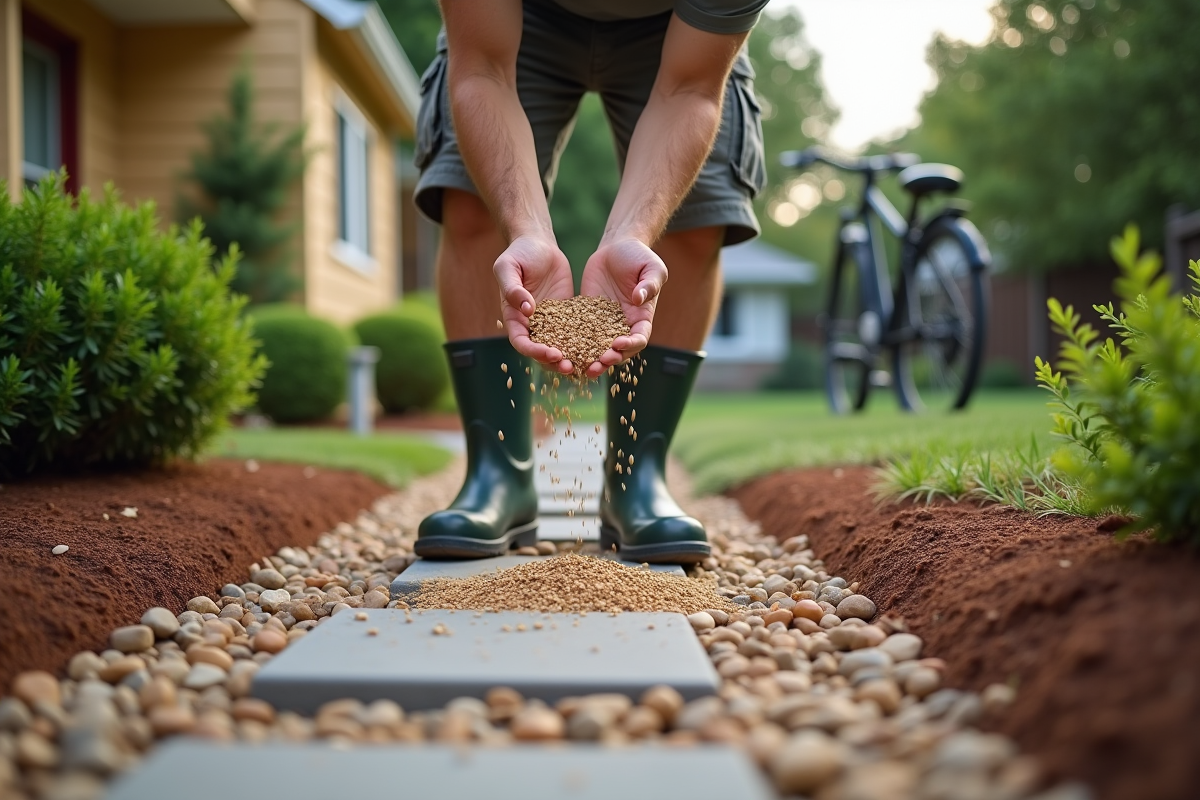 Jeune homme étale du gravier dans un jardin résidentiel