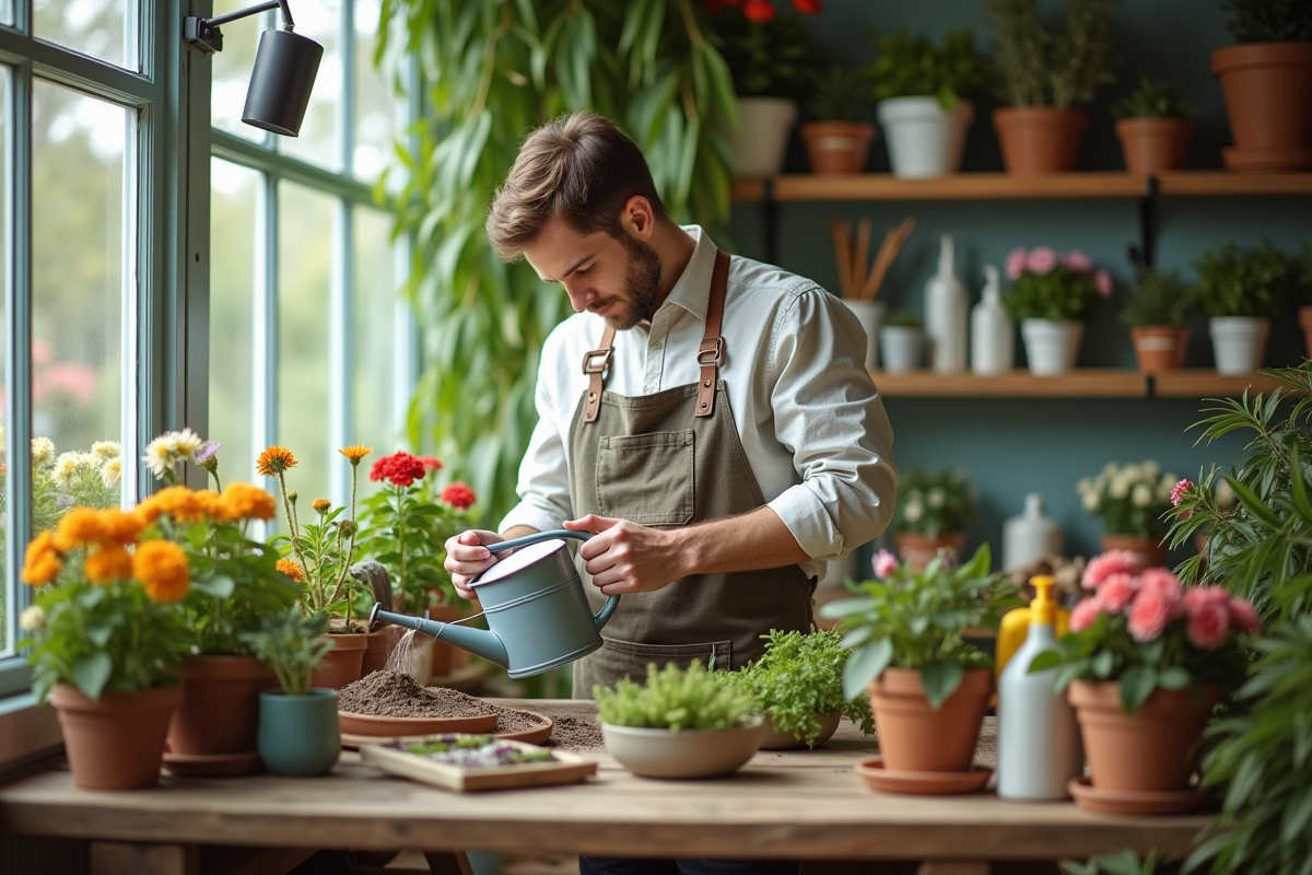 Jeune homme versant engrais liquide dans un arrosoir intérieur