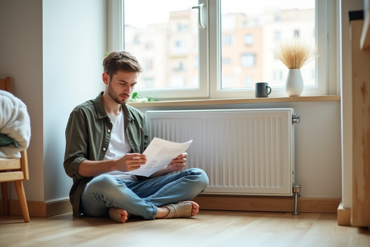 Jeune homme lisant un manuel près d’un radiateur électrique dans un appartement lumineux