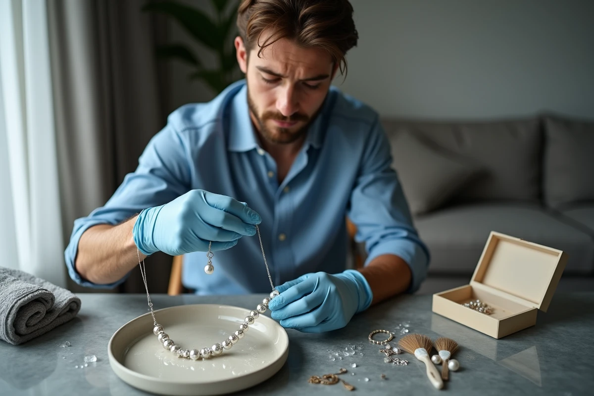 Jeune homme nettoyant un collier en perles dans un bol