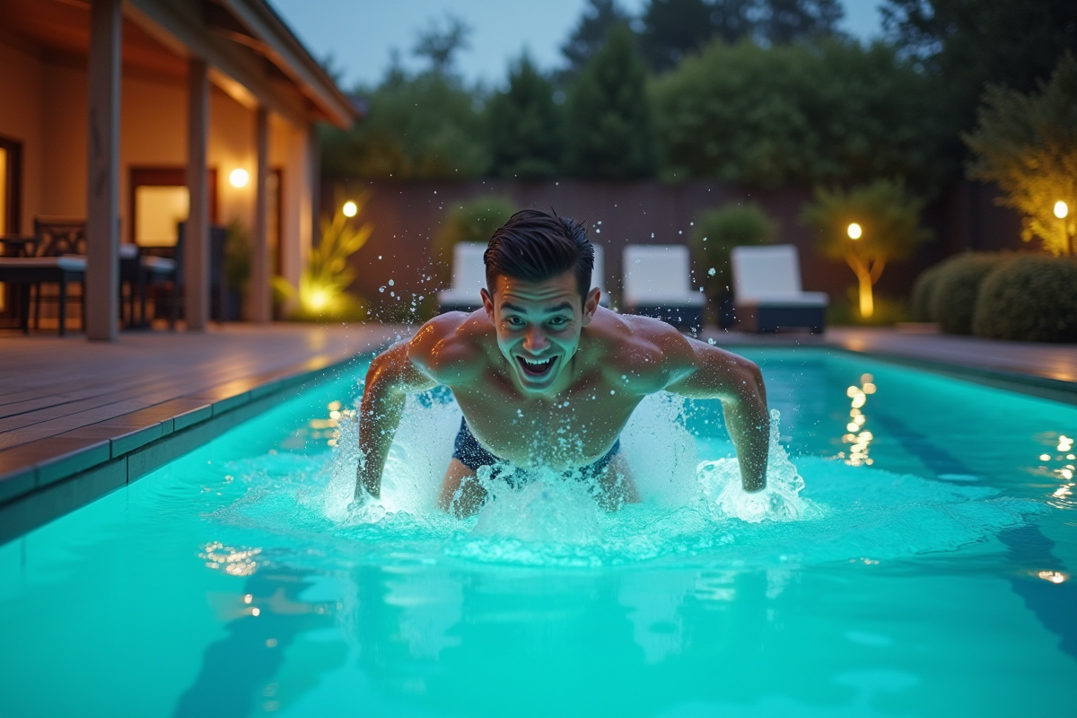 Jeune homme plongeant dans la piscine extérieure
