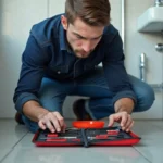 Jeune plombier homme examine un kit dans une salle de bain moderne