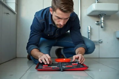 Jeune plombier homme examine un kit dans une salle de bain moderne