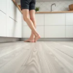 Sol en linoléum gris clair avec texture bois dans une cuisine moderne aux meubles blancs