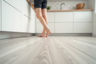 Sol en linoléum gris clair avec texture bois dans une cuisine moderne aux meubles blancs