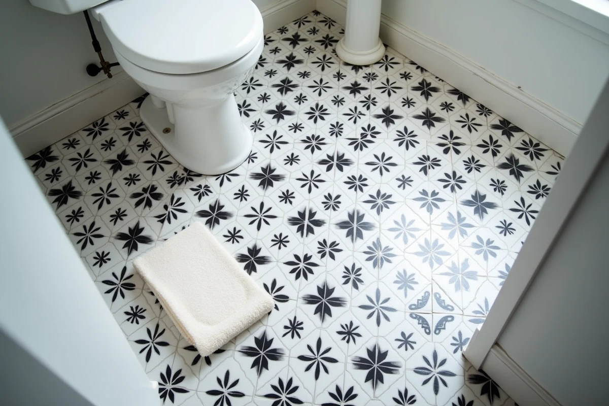 Linoléum motif géométrique noir et blanc posé dans une petite salle de bain classique