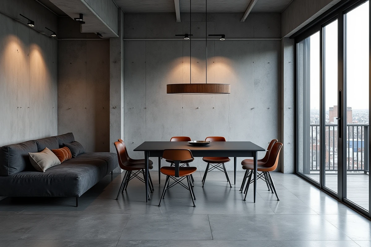 Loft urbain industriel avec salon modulaire anthracite et table à manger noire sur sol béton poli