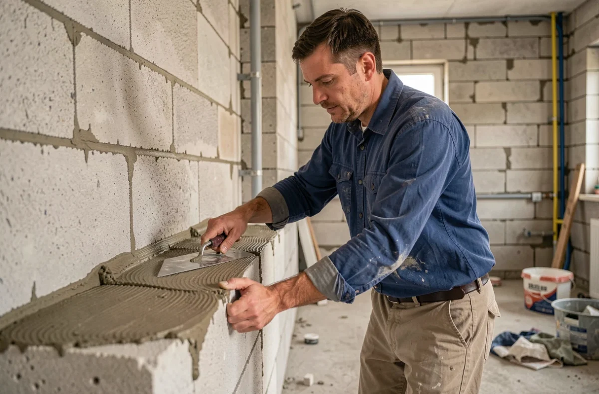 Maçon professionnel appliquant du mortier colle sur un mur en blocs Siporex lors d'une rénovation intérieure