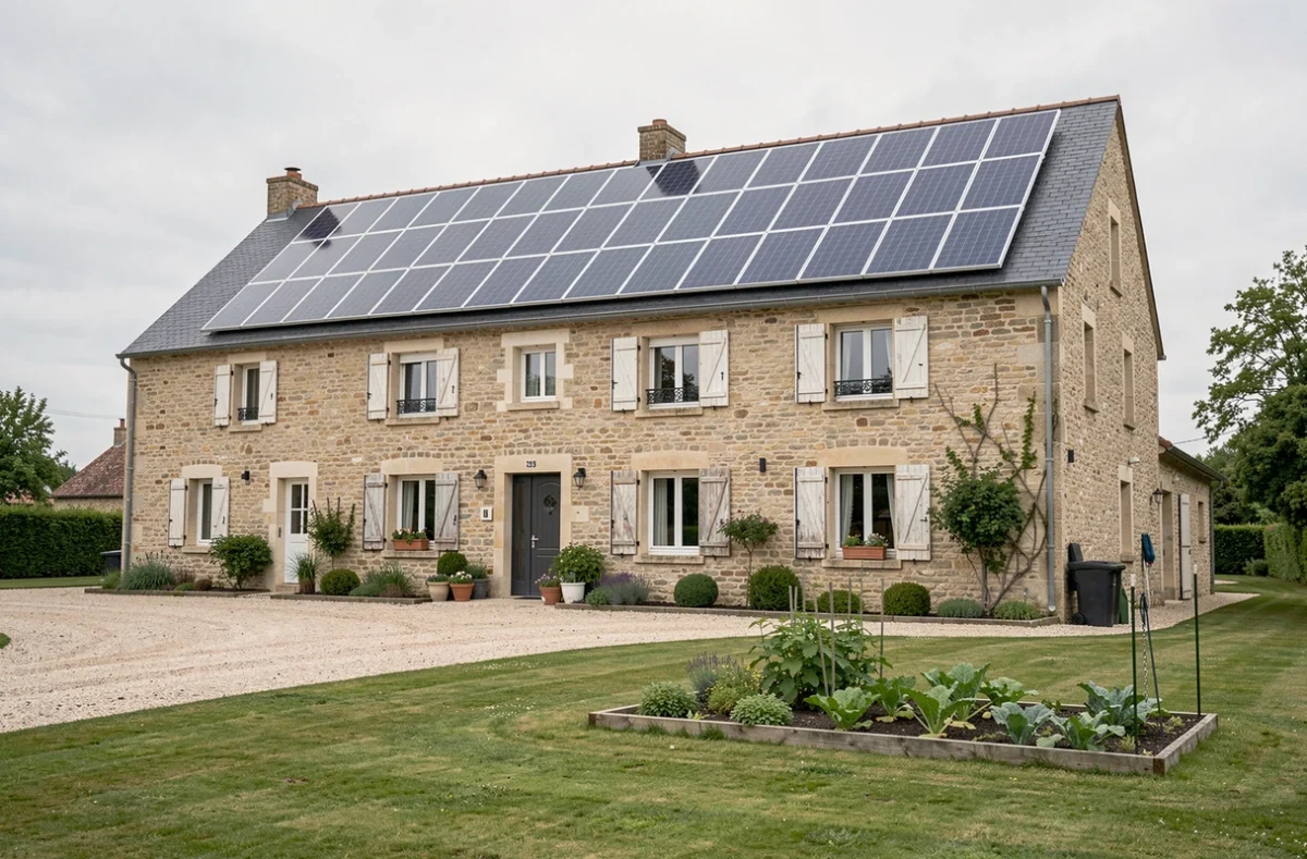 Maison de campagne française à deux étages avec une installation complète de vingt-quatre panneaux solaires sur le toit sud