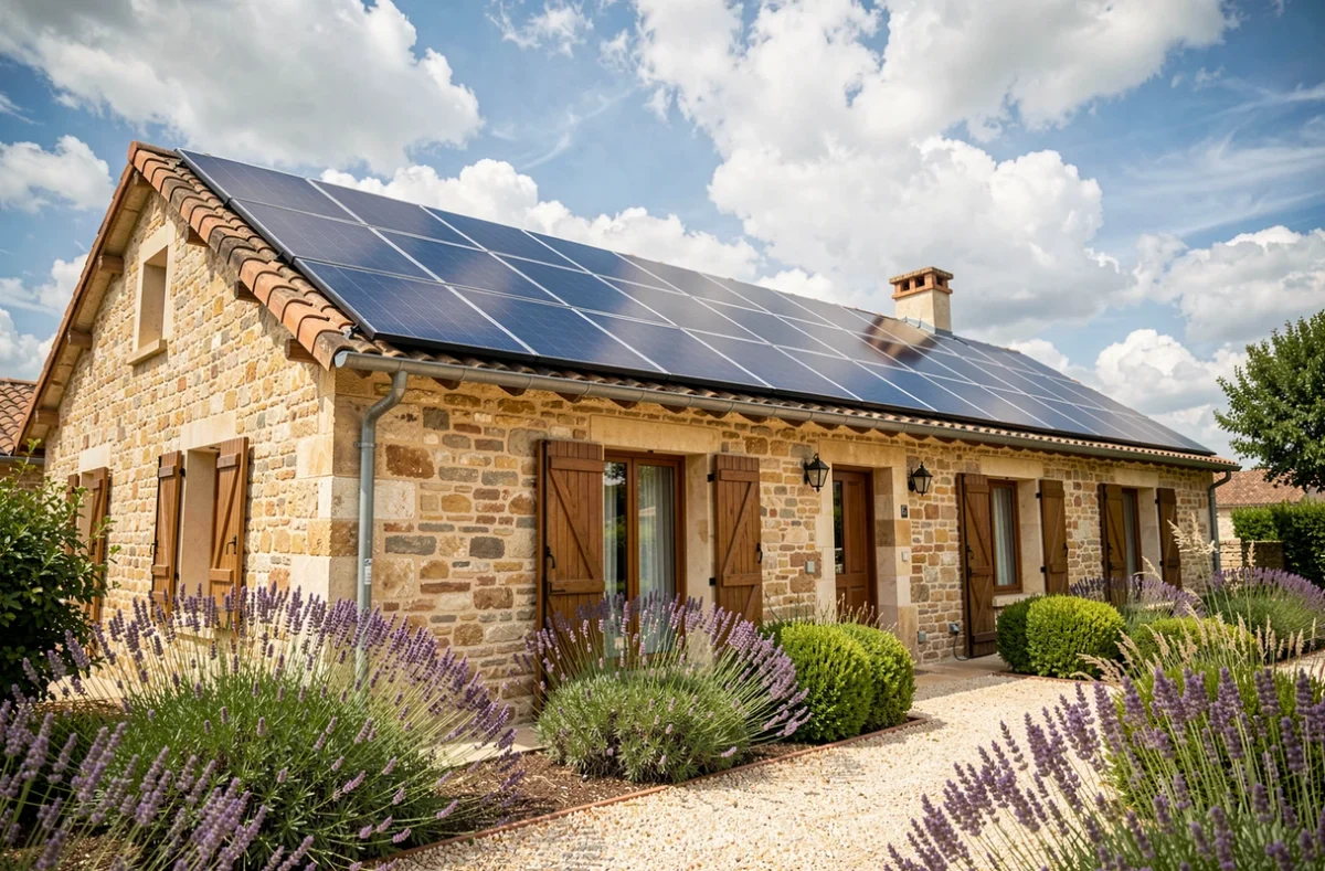 Maison provençale avec toiture recouverte de panneaux solaires orientés plein sud pour maximiser la production d'énergie