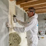Technicien en isolation professionnelle travaillant dans une maison en rénovation en Essonne