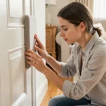 Mère installant un pince doigt de protection sur une porte intérieure blanche dans un salon familial