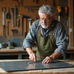 Homme mesurant une tôle d'acier sur mesure dans un atelier de bricolage maison avec des outils au mur