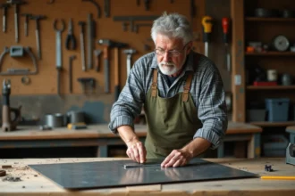 Homme mesurant une tôle d'acier sur mesure dans un atelier de bricolage maison avec des outils au mur