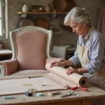 Artisane mesurant du tissu sur un fauteuil Voltaire dans un atelier de tapisserie traditionnel