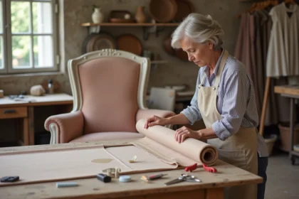 Artisane mesurant du tissu sur un fauteuil Voltaire dans un atelier de tapisserie traditionnel