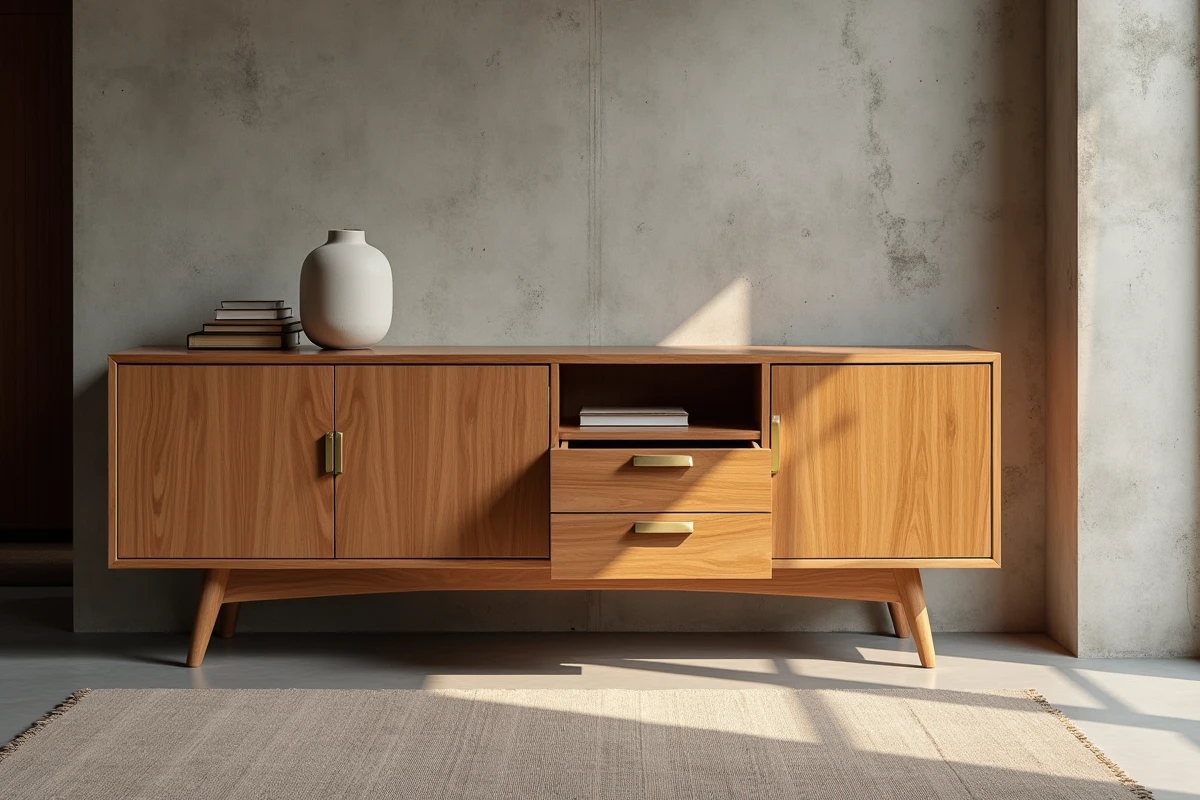 Meuble buffet en bois exotique iroko massif avec finition huilée artisanale et quincaillerie laiton dans intérieur contemporain