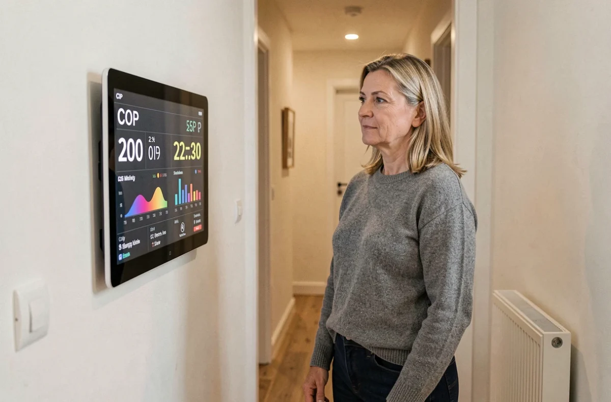 Femme consultant un tableau de monitoring du rendement d'une pompe à chaleur dans un couloir moderne