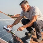 Homme nettoyant des panneaux solaires sur un toit avec un racloir et un chiffon microfibre