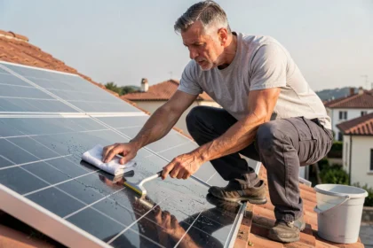 Homme nettoyant des panneaux solaires sur un toit avec un racloir et un chiffon microfibre