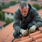 Homme couvreur ajustant un nettoyeur haute pression sur un toit en tuiles