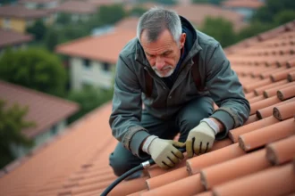 Homme couvreur ajustant un nettoyeur haute pression sur un toit en tuiles