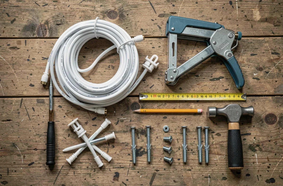 Outils et matériaux nécessaires pour poser et fixer un câble coaxial TV le long des murs