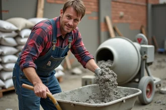 Ouvrier de construction mélangeant du mortier sur un chantier