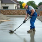 Ouvrier en casque jaune lisse une dalle de béton en extérieur
