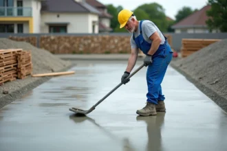 Ouvrier en casque jaune lisse une dalle de béton en extérieur