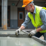 Ouvrier en veston fluorescent lissant du beton frais