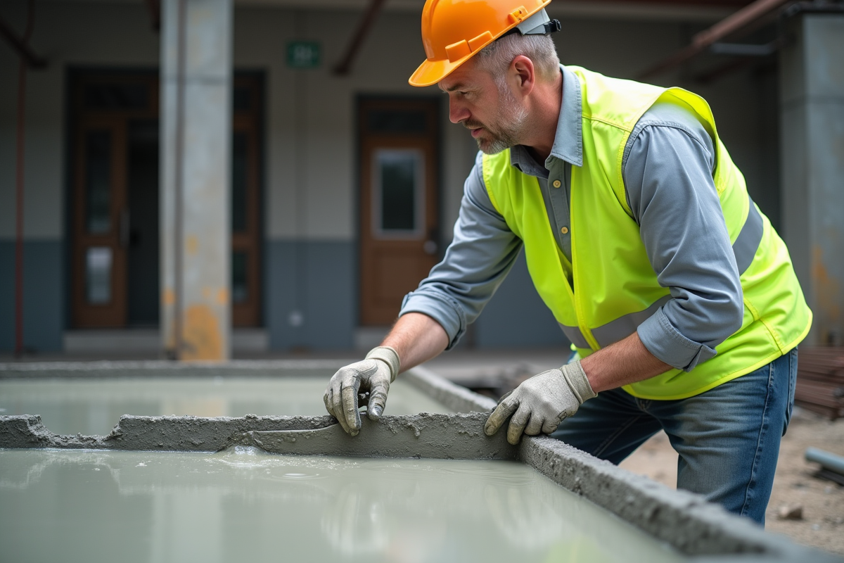 Ouvrier en veston fluorescent lissant du beton frais