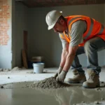 Ouvrier versant une chape ciment de 5 cm sur un sol en béton brut dans un chantier intérieur