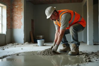Ouvrier versant une chape ciment de 5 cm sur un sol en béton brut dans un chantier intérieur