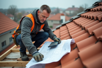 Couvreur au travail sur le toit avec plans et calculatrice