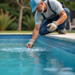 Ouvrier appliquant le gunite sur une piscine extérieure