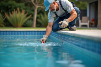 Ouvrier appliquant le gunite sur une piscine extérieure