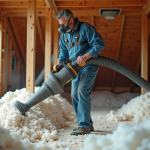 Ouvrier en combinaison isolant une attic avec une souffleuse à cellulose
