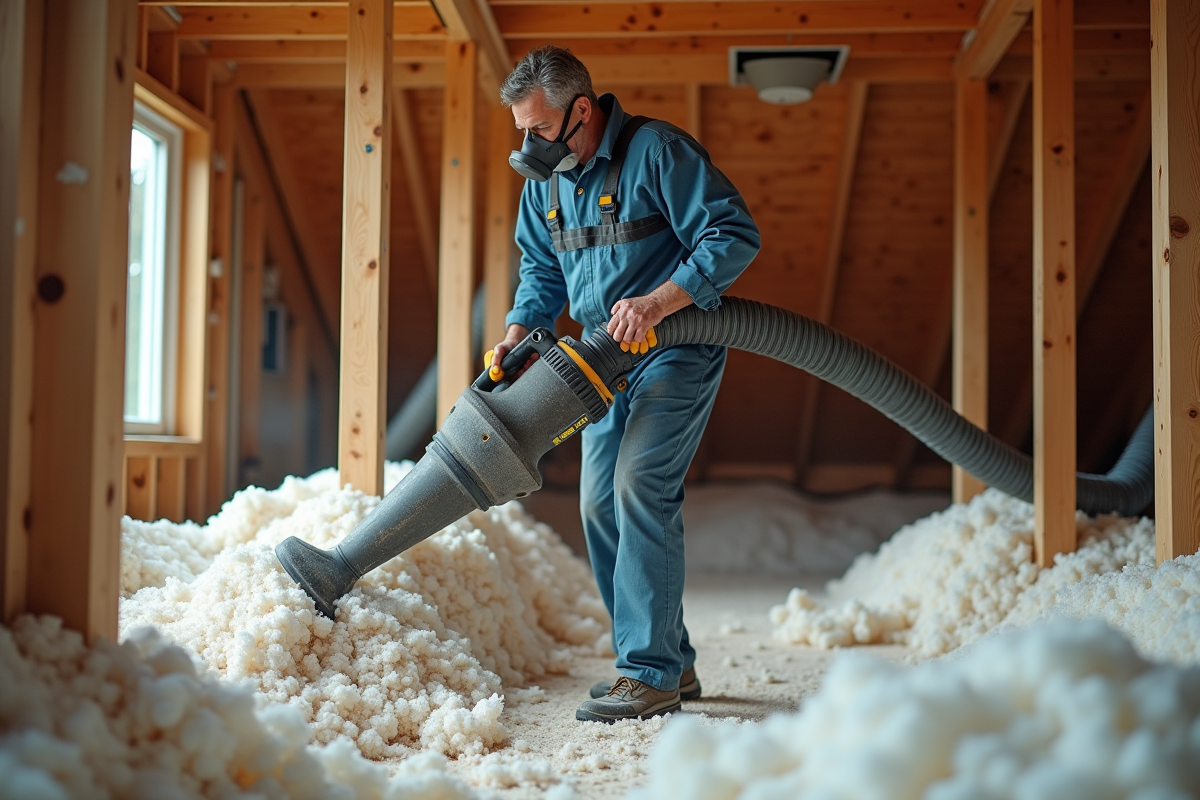 Ouvrier en combinaison isolant une attic avec une souffleuse à cellulose