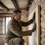 Ouvrier appliquant isolation sur mur ancien en pierre