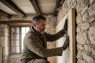 Ouvrier appliquant isolation sur mur ancien en pierre