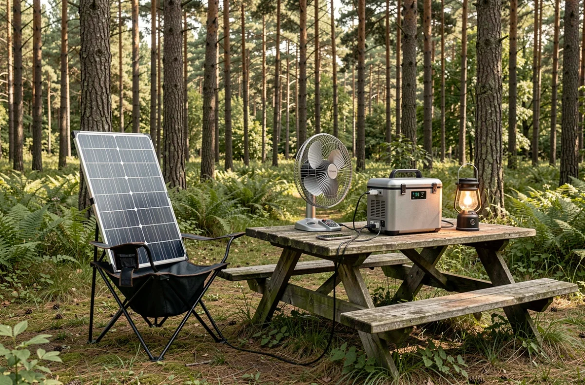 Panneau solaire portable 150W alimentant une station d'énergie, un ventilateur et des appareils électroniques dans un camping en forêt de pins