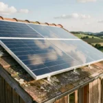 Panneau solaire 150W installé sur le toit d'un chalet en bois en zone rurale, illustrant une installation solaire autonome hors réseau