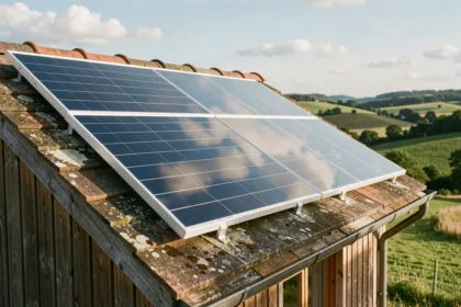 Panneau solaire 150W installé sur le toit d'un chalet en bois en zone rurale, illustrant une installation solaire autonome hors réseau