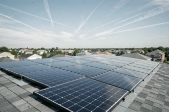 Panneaux solaires bi-verre installés sur un toit résidentiel moderne avec ciel dégagé en arrière-plan