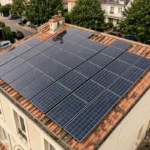 Toiture de maison individuelle recouverte de panneaux solaires photovoltaïques monocristallins bleu foncé dans un quartier résidentiel français