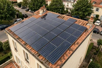 Toiture de maison individuelle recouverte de panneaux solaires photovoltaïques monocristallins bleu foncé dans un quartier résidentiel français