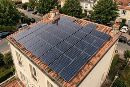 Toiture de maison individuelle recouverte de panneaux solaires photovoltaïques monocristallins bleu foncé dans un quartier résidentiel français