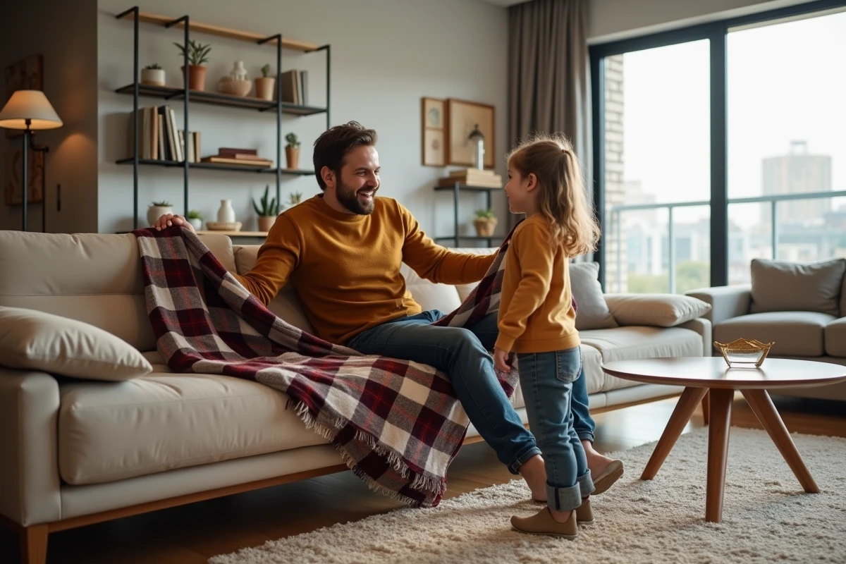 Père et fille jouant avec une couverture à carreaux dans le salon